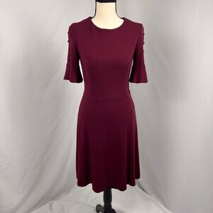 Boden Fit and Flare Dress Womens 6R Burgundy Bell Sleeve Button Detail
